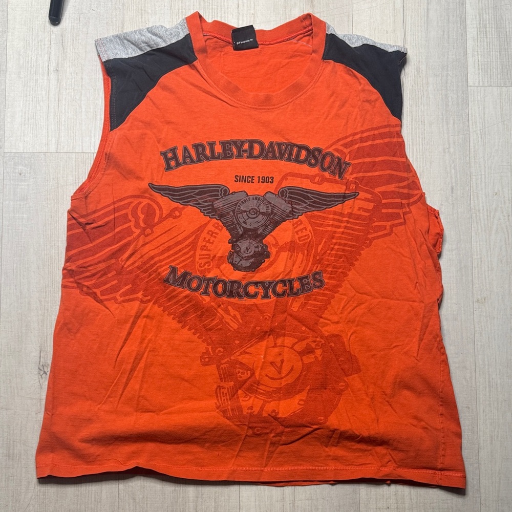 Harley-Davidson Orange and Black cut off sleeve tank xl (AE21)